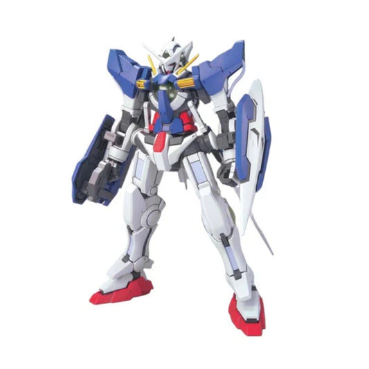 Bandai HG 1/144 GN-001 Gundam Exia model kit showcasing its blue, white, and red color scheme, equipped with the GN Sword and shield, posed dynamically against a neutral background