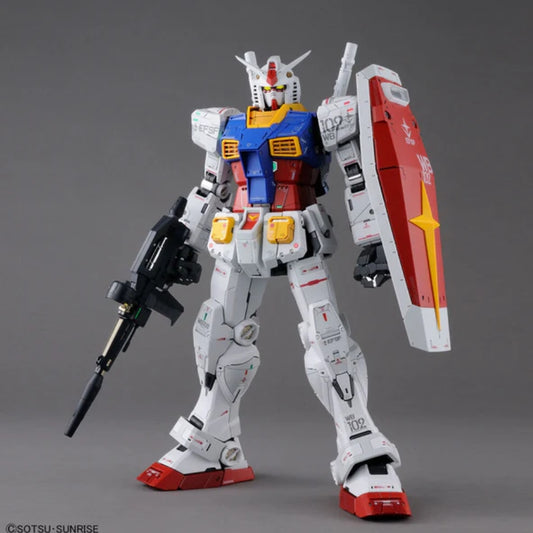 Bandai PG Unleashed 1/60 RX-78-2 Gundam model kit fully assembled with LED lights and iconic weaponry