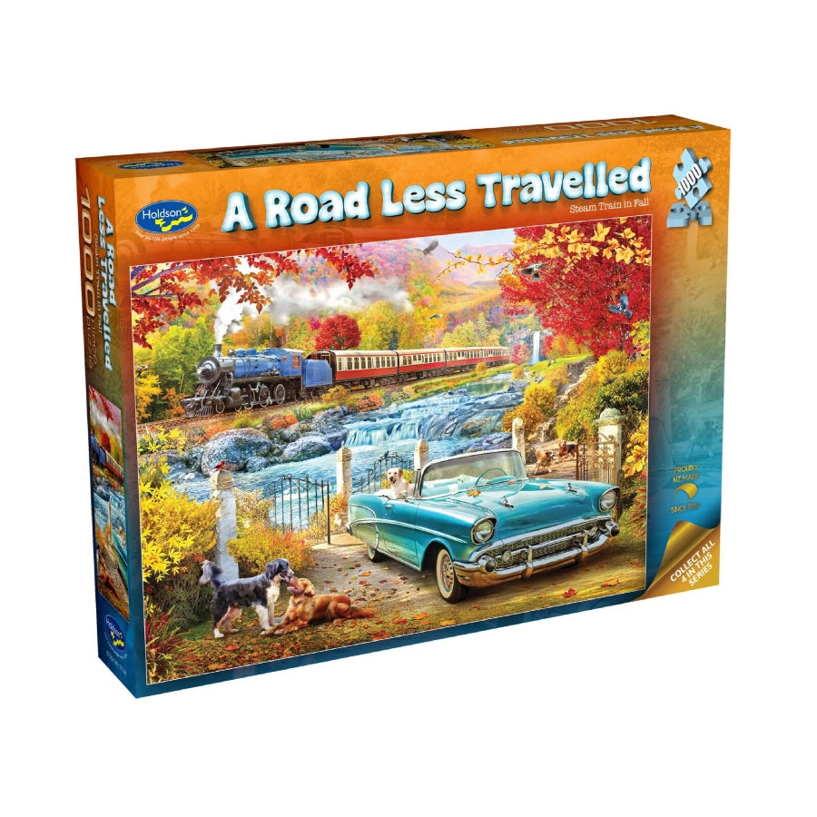 Holdson A Road Less Travelled – Steam Train in Fall 1000-piece jigsaw puzzle (77748) with autumn railway scene.