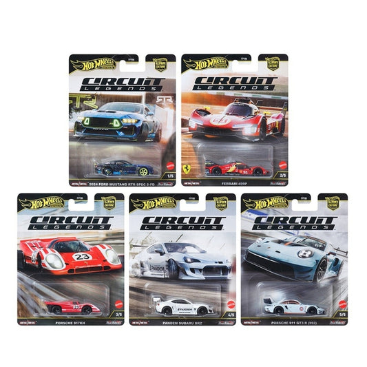Hot Wheels Car Culture 2025 ‘Circuit Legends’ Set – premium 1:64 die-cast collector cars from Ferrari 499P, Porsche 911 GT3 R, Porsche 917K, Subaru BRZ and Mustang RTR.