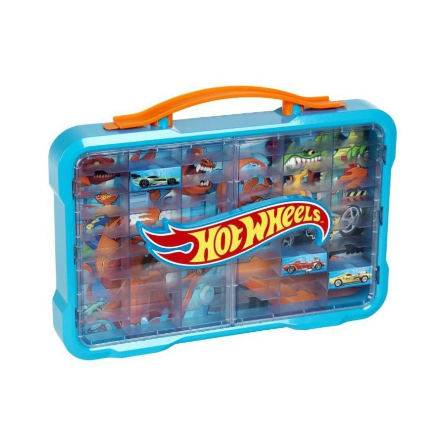 Hot Wheels Collection Carry Case – 54 car storage and display box with illuminated logo, transparent doors, wall mount, and carry handle for die-cast collections.