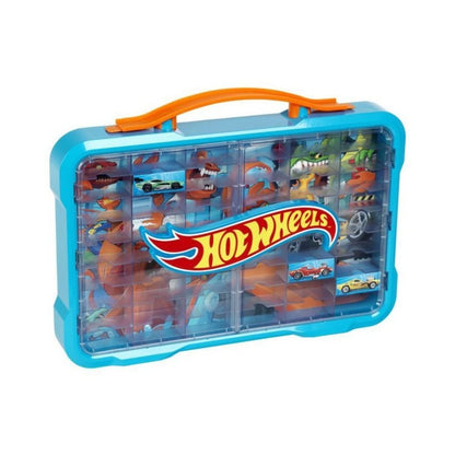 Hot Wheels Collection Carry Case – 54 car storage and display box with illuminated logo, transparent doors, wall mount, and carry handle for die-cast collections.