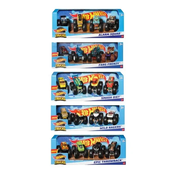 Hot Wheels Monster Trucks 4-pack assorted toy sets in blue packaging