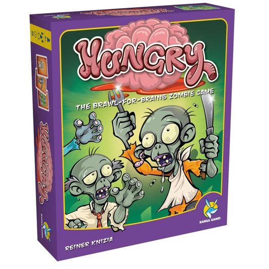 Hungry Zombie Card Game components: zombie cards, brain tokens, victim and location tiles displayed on a table.