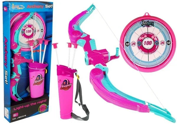 Pink and teal kids archery set with light-up target, arrows, and quiver for outdoor play and hobby fun