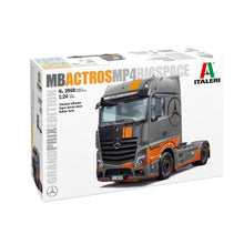 Italeri 1:24 Mercedes‑Benz Actros MP4 Grand Prix Edition model kit with racing-style livery and chrome decals on sprue layout