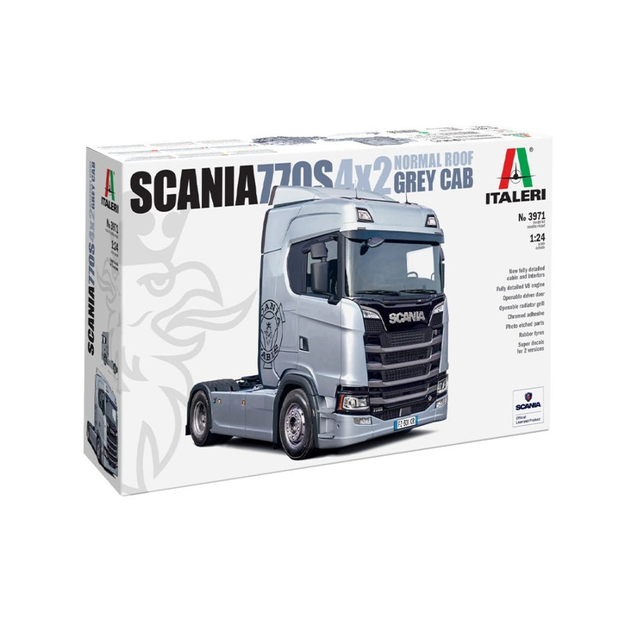 Italeri Scania S770 4×2 Normal Roof grey cab model kit—sprues, decals, detailed V8 engine and realistic interior parts