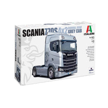 Italeri Scania S770 4×2 Normal Roof grey cab model kit—sprues, decals, detailed V8 engine and realistic interior parts