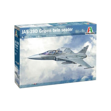 Italeri 1:48 JAS‑39D Gripen twin-seat kit box showing detailed model sprues and decal options for training aircraft