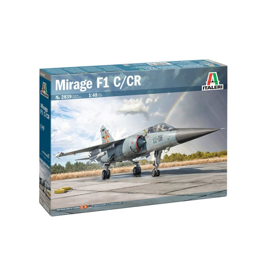 Italeri Mirage F1 C/CR 1/48 kit box with assembled model and decal sheet showing national markings