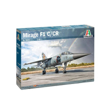 Italeri Mirage F1 C/CR 1/48 kit box with assembled model and decal sheet showing national markings