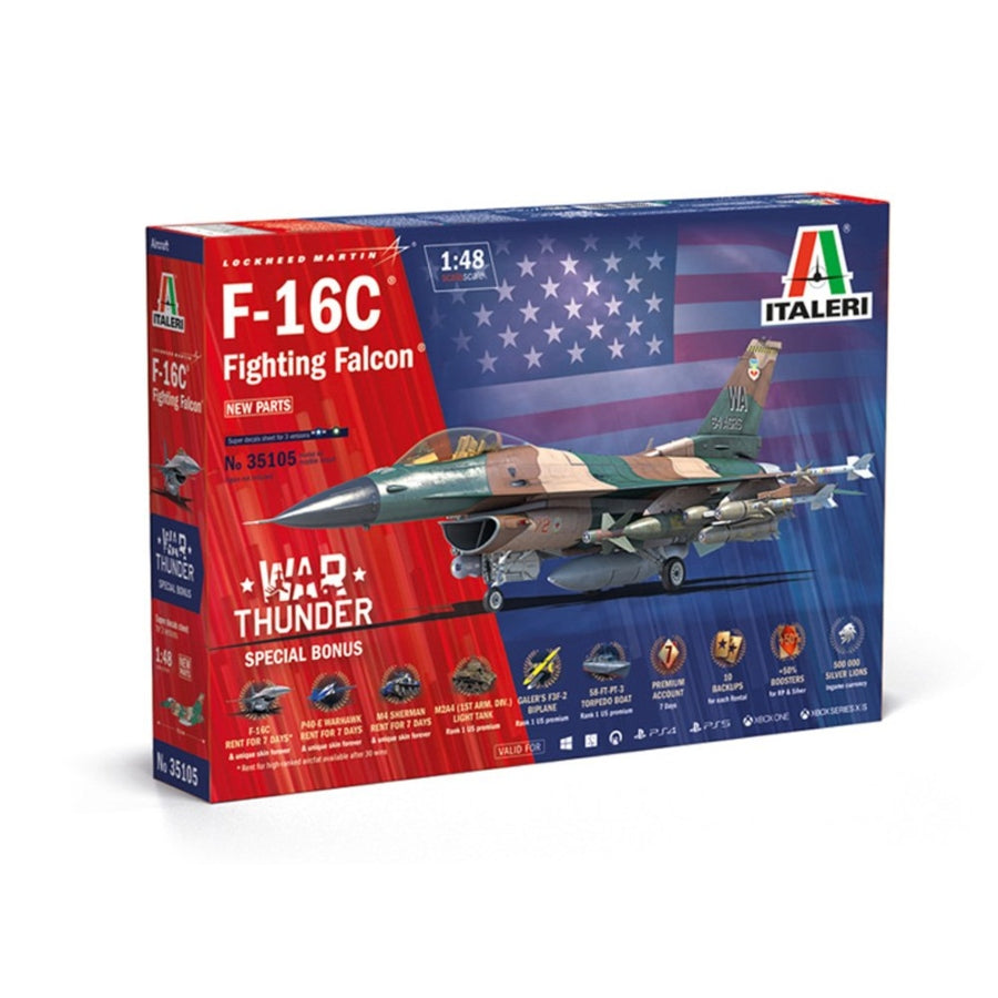 Italeri 1:48 F‑16C Fighting Falcon War Thunder Special Box art with camouflage markings and decal sheet layout