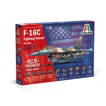 Italeri 1:48 F‑16C Fighting Falcon War Thunder Special Box art with camouflage markings and decal sheet layout