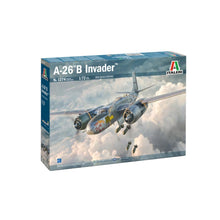 Italeri 1:72 A‑26 A/B Invader plastic model kit – box art and decal sheet showing twin‑engine Invader over sky backdrop