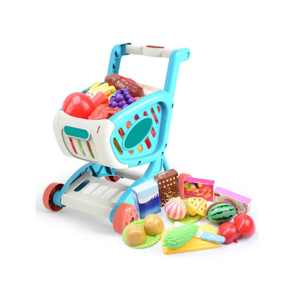 Shopping Cart Pretend Play Set – blue and white kids’ toy trolley filled with colourful play food and grocery accessories.