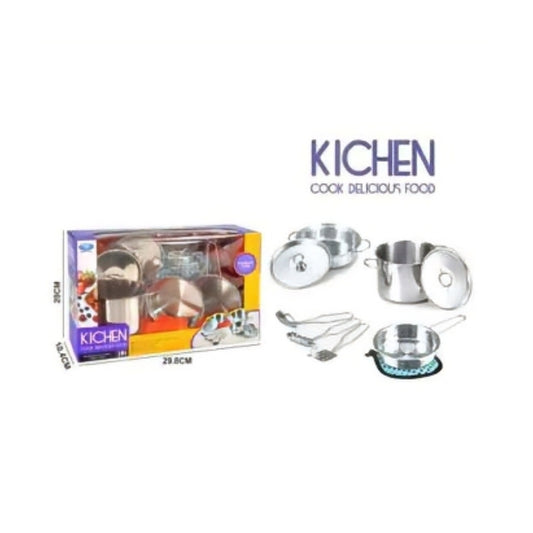 AA175979 Kitchen Cook 9pc Stainless Steel Set – Child-sized cookware including frying pan, saucepan, and utensils