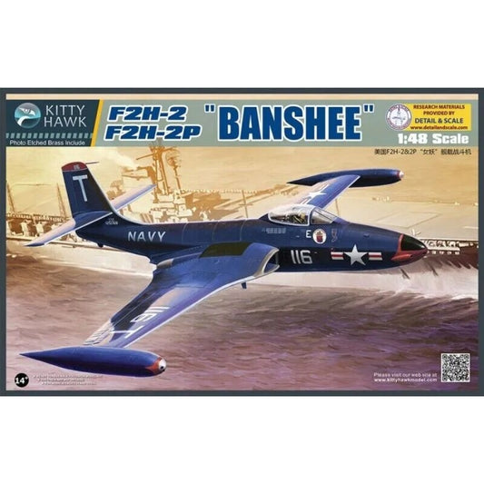 Kitty Hawk 1/48 F2H-2/F2H-2P Banshee KH80131 US Navy jet plastic model kit box.