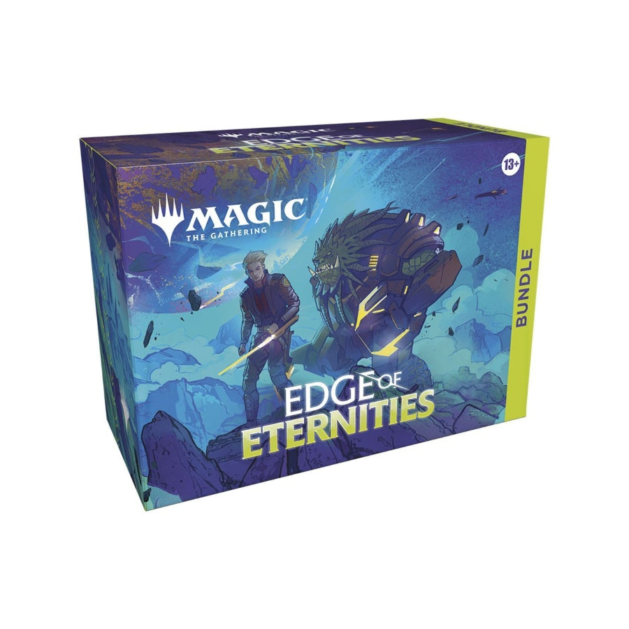 Magic: The Gathering Edge of Eternities Bundle box bundle with 9 Play Boosters, foil promo card, lands, oversized life counter, and deck box