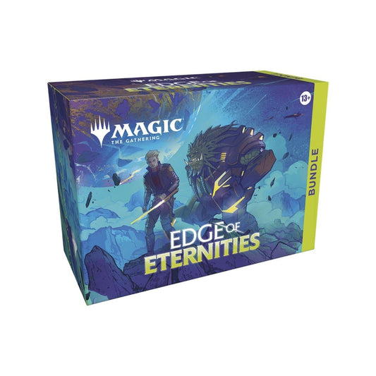 Magic: The Gathering Edge of Eternities Bundle box bundle with 9 Play Boosters, foil promo card, lands, oversized life counter, and deck box