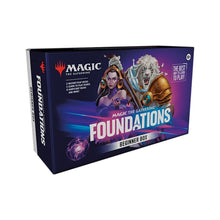 Magic: The Gathering Foundations Beginner Box showing box, tutorial decks, playmats, counters, and Jumpstart packs