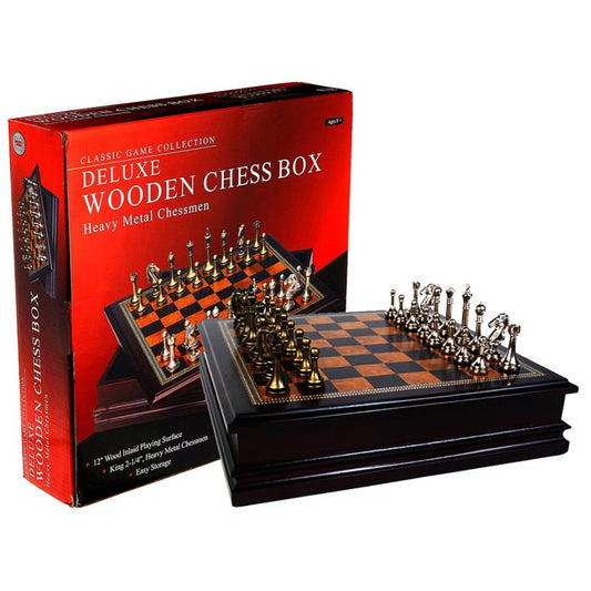 Deluxe Chess Set - Metal pieces on 12" Inlaid wooden board box