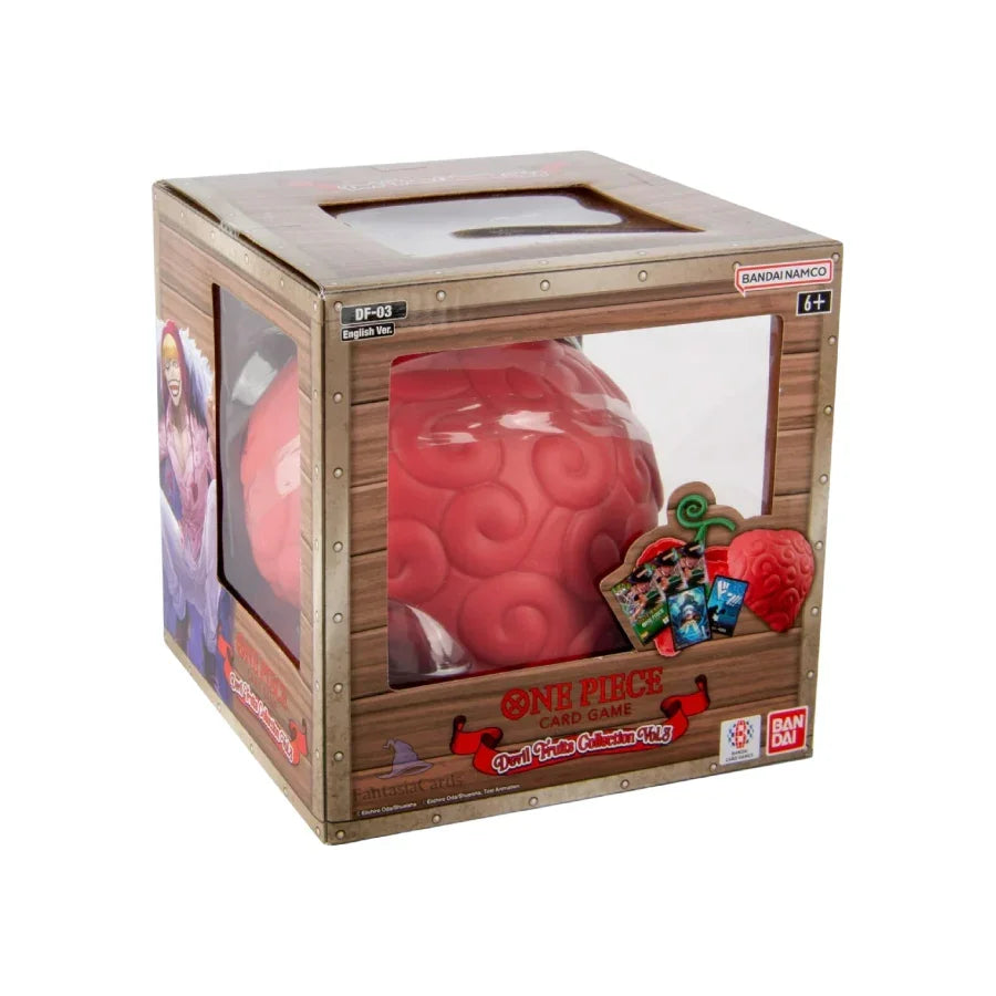 One Piece Card Game Devil Fruits Collection Vol.3 collectible box featuring a red devil fruit figure and trading cards, Bandai Namco packaging.