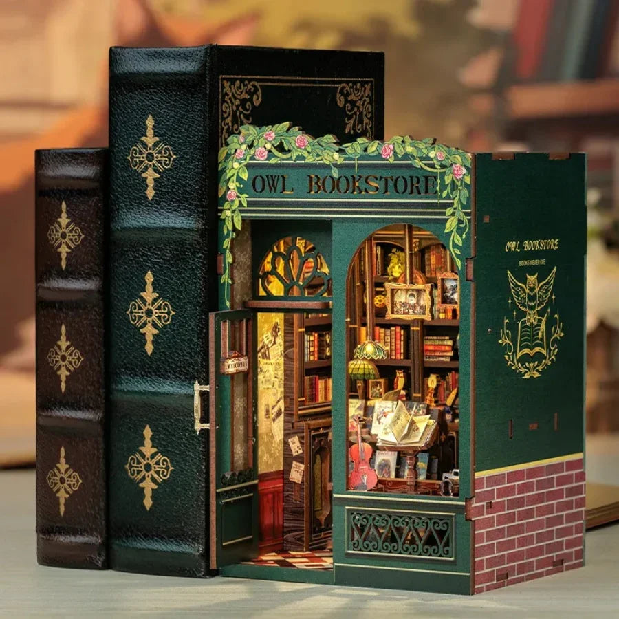 DIY Owl Bookstore book nook model kit with miniature bookshelf and lamp, sold at Aussie Hobbies.
