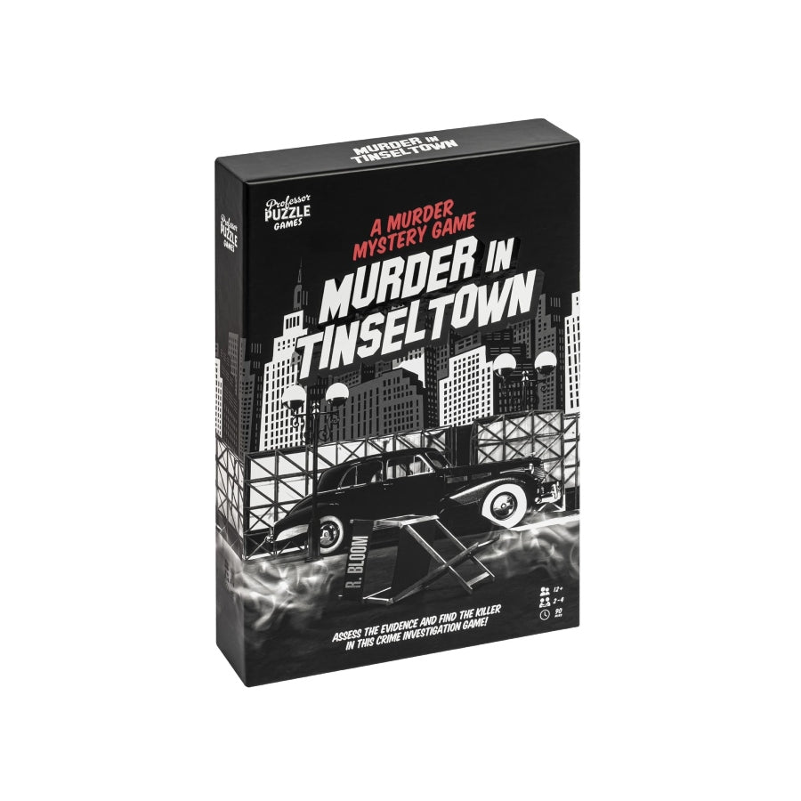 Professor Puzzle Murder in Tinseltown board game box and components: evidence cards, suspect figures, game board, clue scenes