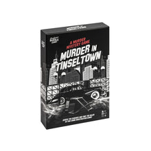 Professor Puzzle Murder in Tinseltown board game box and components: evidence cards, suspect figures, game board, clue scenes