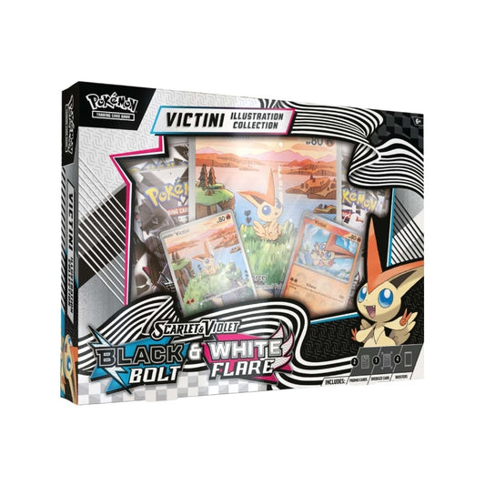 Victini Illustration Collection box—Victini full-art, parallel and oversize promo cards, plus Black Bolt and White Flare booster packs