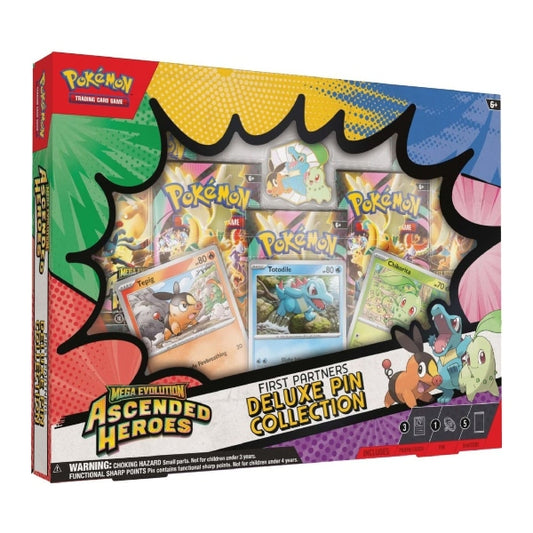 Pokémon TCG Ascended Heroes Deluxe Pin Collection box with booster packs and pin.