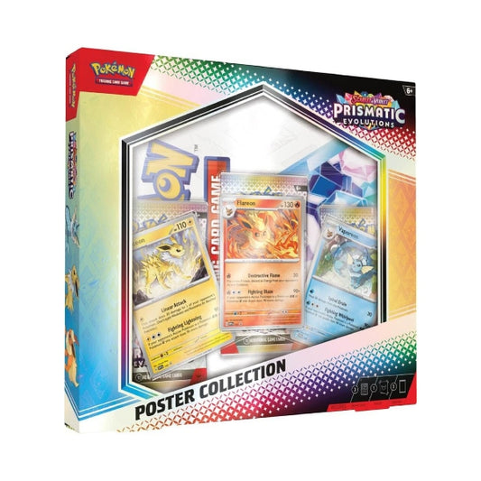 Pokémon TCG Prismatic Evolutions Poster Collection box with booster packs and poster.