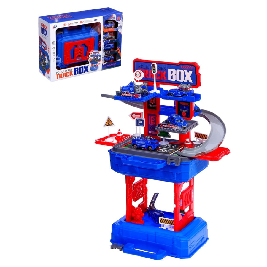 Track Box Police Series – buildable police car track playset for kids with connectable tracks and toy vehicles for imaginative play.