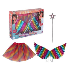 Colorful fairy wings, skirt, and wand with packaging on a white background