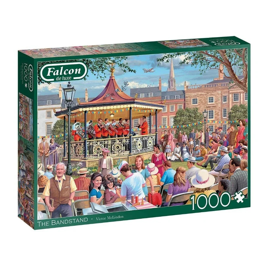 Falcon de luxe 1000-piece puzzle 'The Bandstand' by Victor McLindon, featuring a lively park concert scene with crowd and brass band.