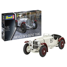 Revell 1:32 Mercedes‑Benz SSKL model kit depicting silver-white classic racecar with number 87 and detailed engine/exhaust parts