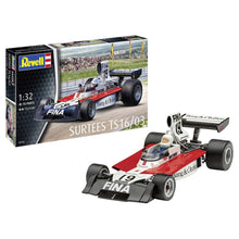 Revell 1:32 Surtees TS16/03 model kit box and sprues showing F1 car body, engine parts and decals for Jochen Mass livery