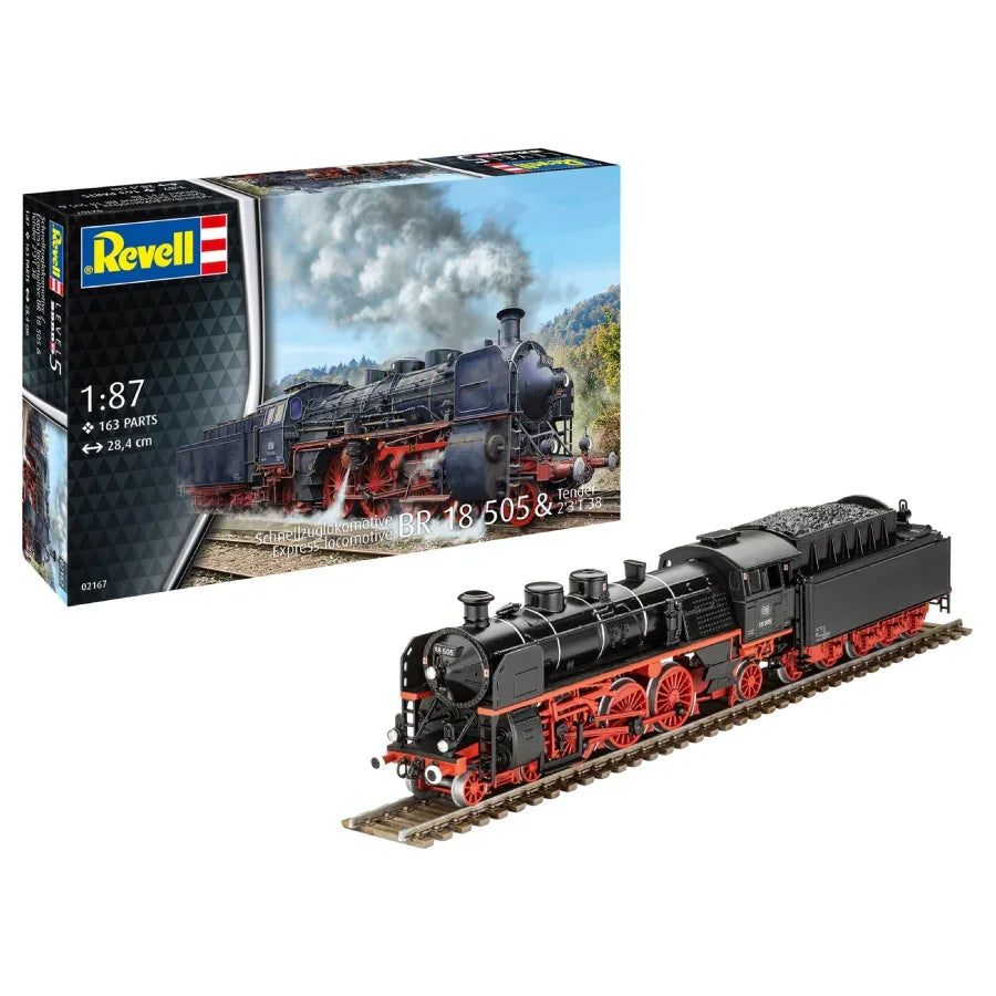 1:87 scale Revell BR18 505 steam locomotive model kit with tender on display.