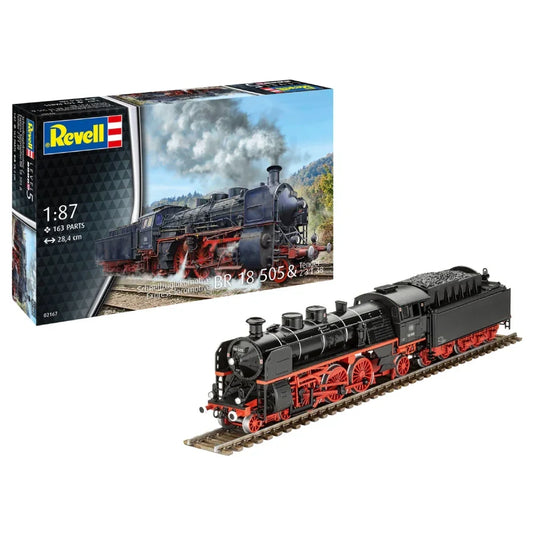 1:87 scale Revell BR18 505 steam locomotive model kit with tender on display.