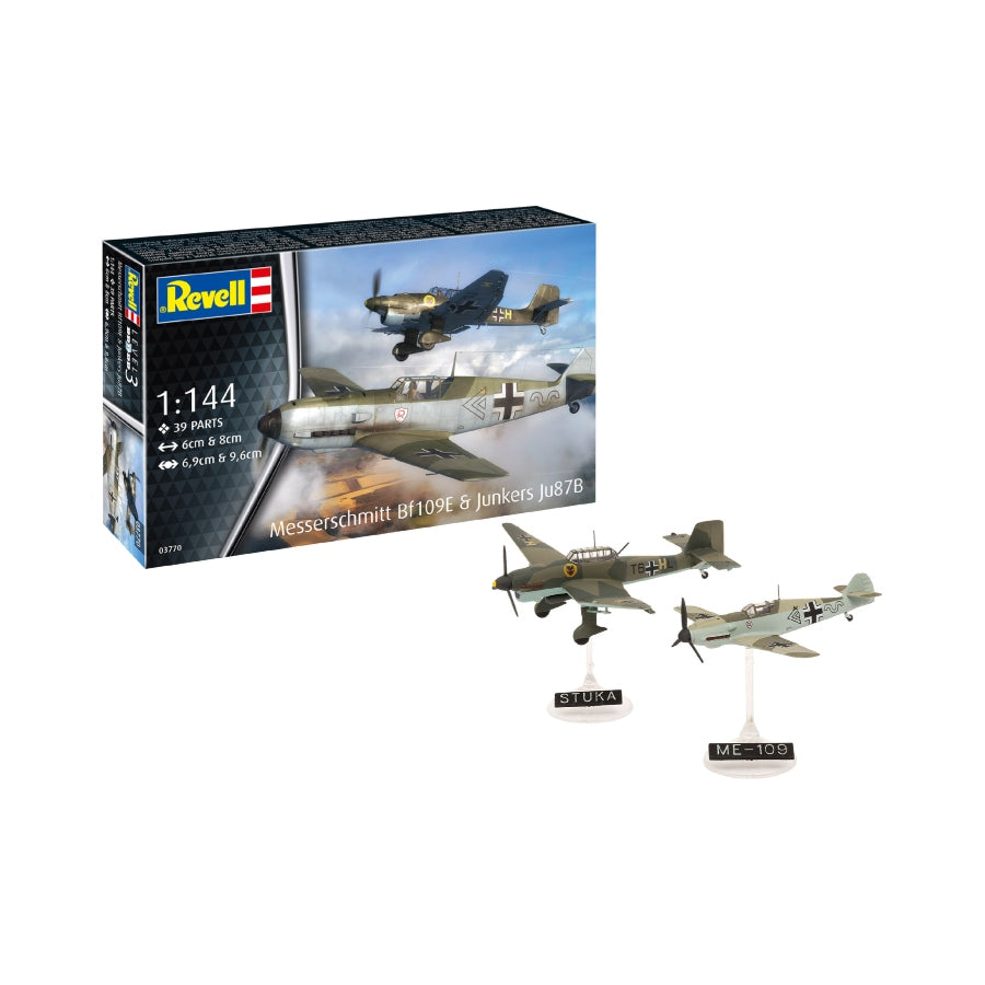Revell Messerschmitt Bf109E and Junkers Ju87B 1:144 scale model kit 03770 box.