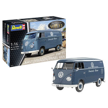 Revell 1:16 VW T1 Panel Van anniversary edition model kit in blue‑grey with VW logos and movable parts