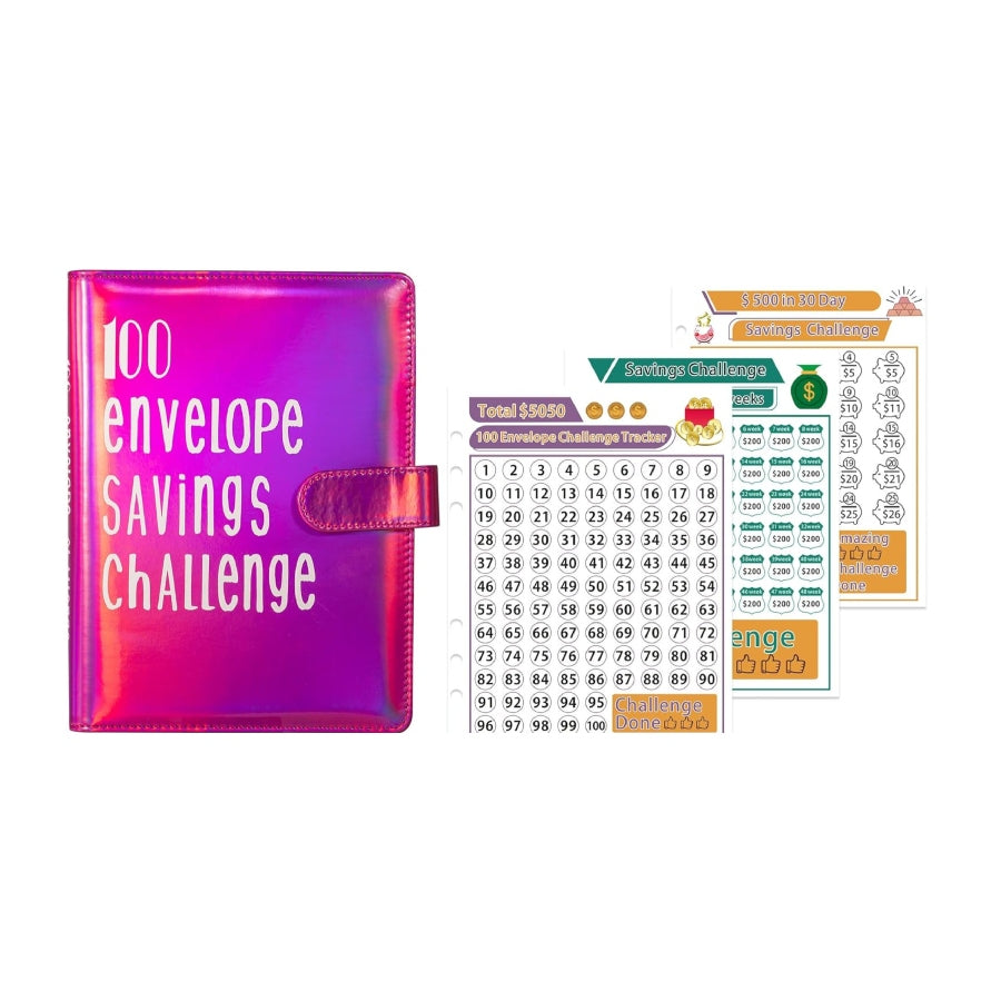 A5-size binder labeled “100 Envelope Savings Challenge” with numbered envelope pouches and a savings tracker sheet
