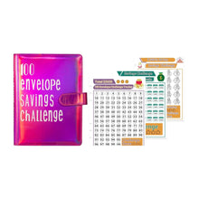 A5-size binder labeled “100 Envelope Savings Challenge” with numbered envelope pouches and a savings tracker sheet