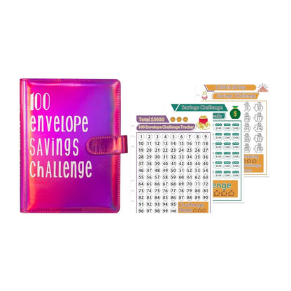 A5-size binder labeled “100 Envelope Savings Challenge” with numbered envelope pouches and a savings tracker sheet