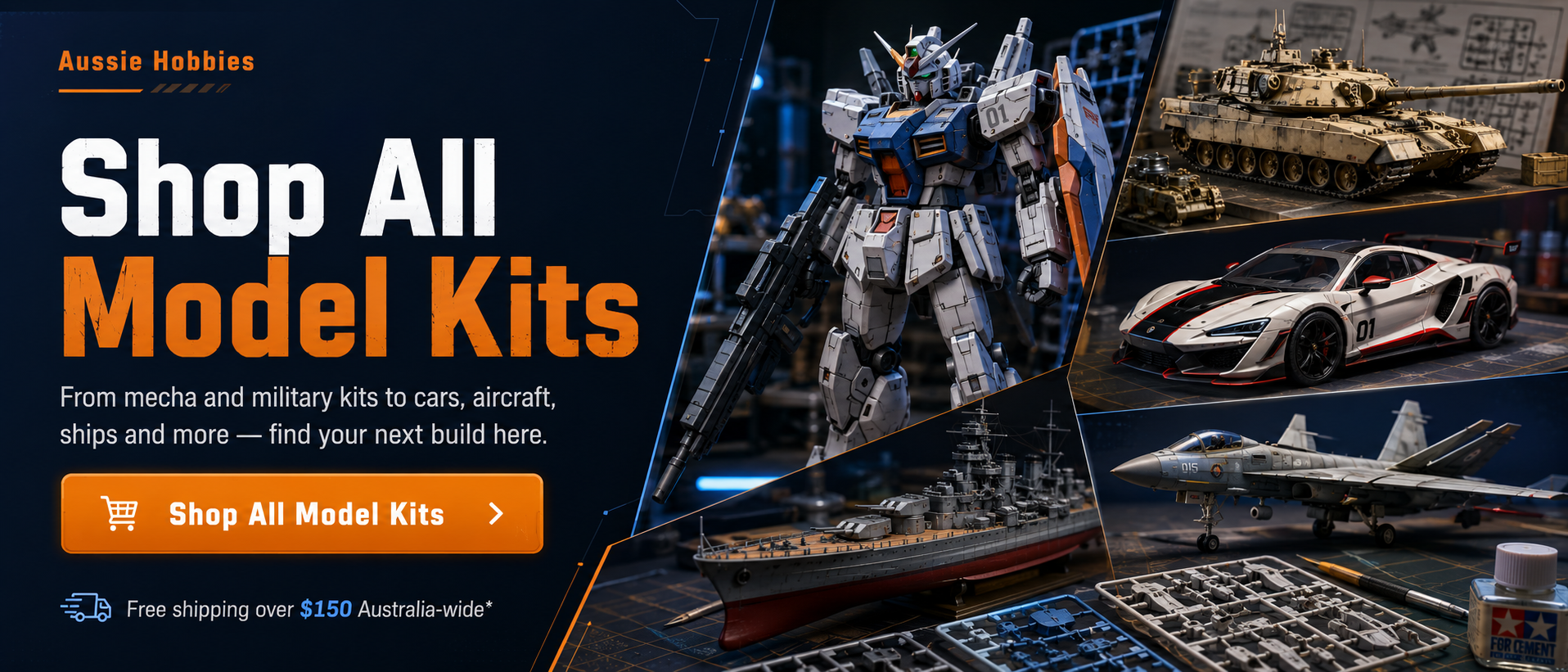 From Gundam and military kits to cars, aircraft, ships and more — find your next build at Aussie Hobbies.
