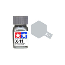 Tamiya Mini Enamel Paint Chrome Silver X-11 – metallic chrome enamel paint for models, miniatures, and Gundam kits.