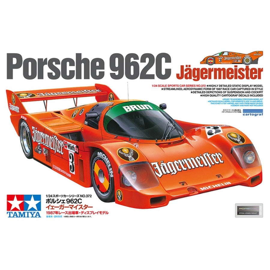 Tamiya 1:24 Porsche 962C Jägermeister kit box and assembled model in bright orange Brun Motorsport livery