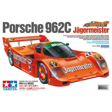 Tamiya 1:24 Porsche 962C Jägermeister kit box and assembled model in bright orange Brun Motorsport livery
