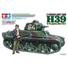 Tamiya 1:35 French Hotchkiss H39 light tank kit—painted model and sprue layouts showcasing variant-specific parts and crew figures