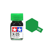 Tamiya Mini Enamel Paint Clear Green X-25 – transparent green enamel paint for models, lights, and clear plastic parts.